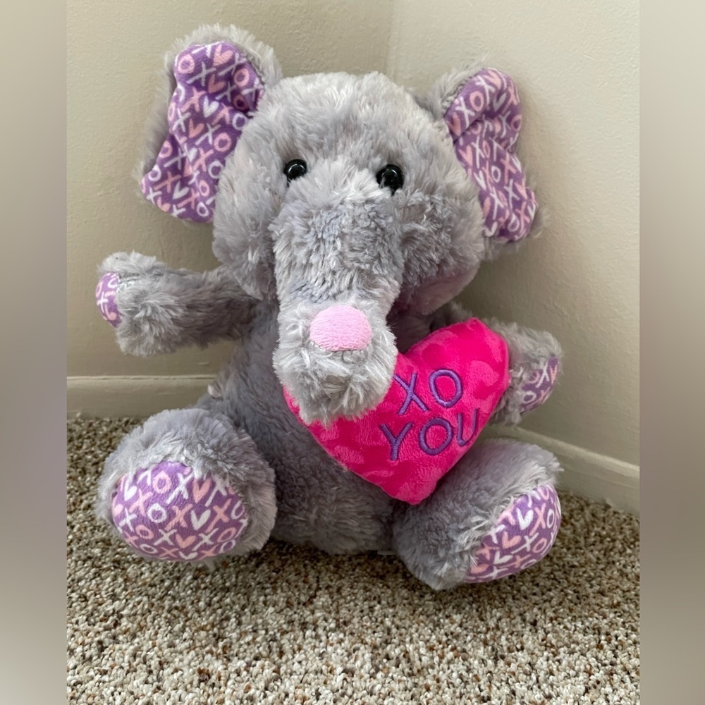🎈🎈🎈HugFun Elephant  Purple XO Hugs Kisses 10" Plush Hot Pink Heart Stuffed Toy